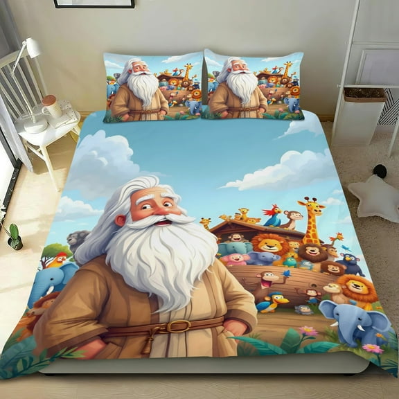 Noah's Ark Themed Bed Sheet Set Three Piece Set 53x79 Inches Comfortable And Skin Friendly Unique Design Creating A Star Studded Night
