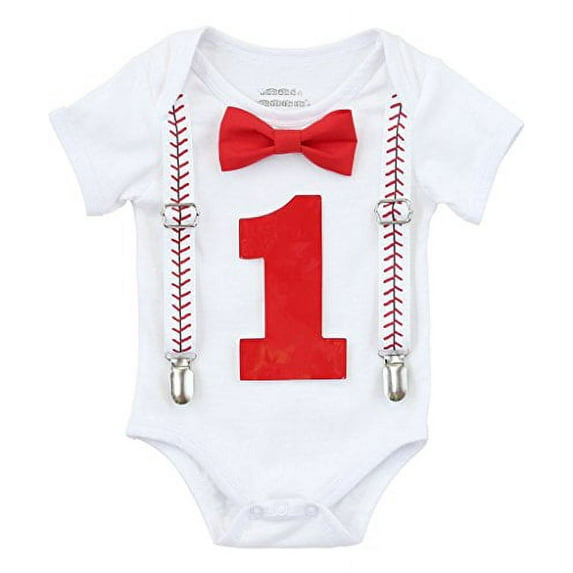 Noah's Boytique Baby Boy First Birthday Outfit Baseball Theme Party Shirt Red Bow Red Number One 12-18 Months