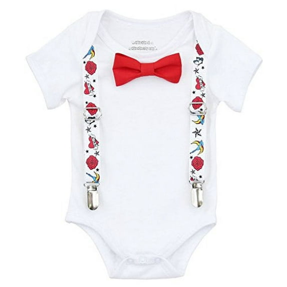Noah's Boytique Baby Boy Rockabilly Punk Rock Tattoo Outfit Suspenders Red Bow Tie Set 18-24 Months
