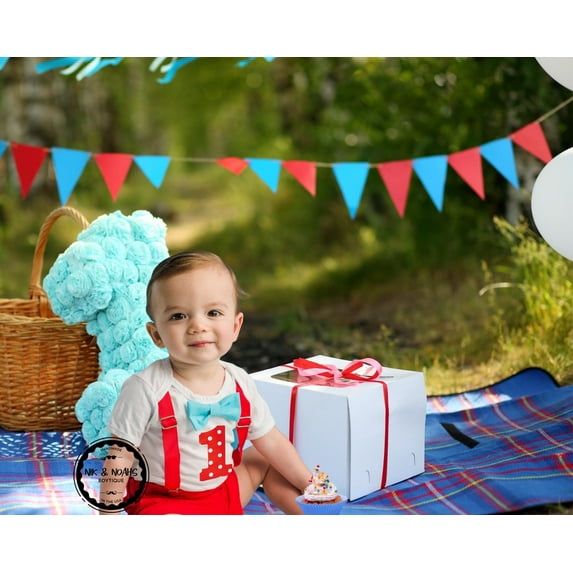 Noah's Boytique Baby Boys First Birthday Outfit Polka Dots Red and Blue Circus Carnival 6-12 Months