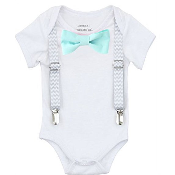 Noah's Boytique Baby Boys Take Home From The Hopsital Outfit Baby Shower Gift Grey Chevron Suspenders Mint Bow Tie 0-3 Months
