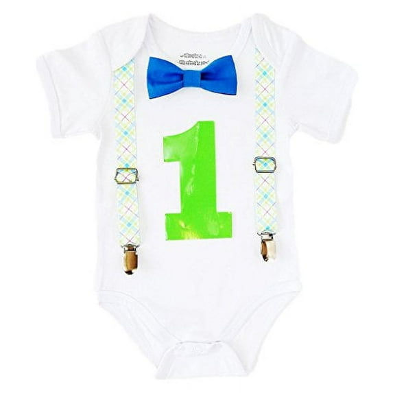 Noah's Boytique Boys First Birthday Clothes Suspenders Bow and Number Blue and Lime 12-18 Months