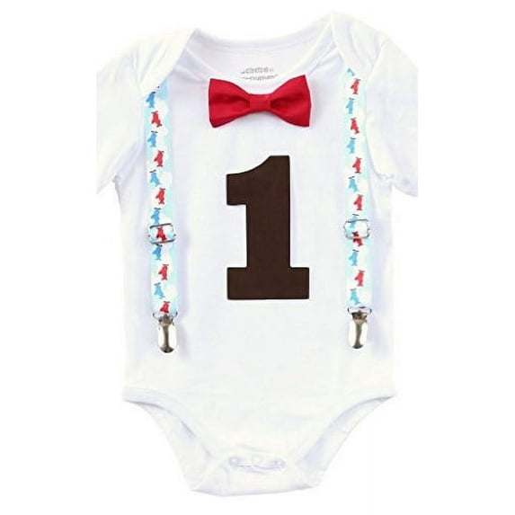Noah's Boytique Vintage Airplane Theme First Birthday Party Cake Smash Outfit Red Bow Brown Number One 12-18 Months