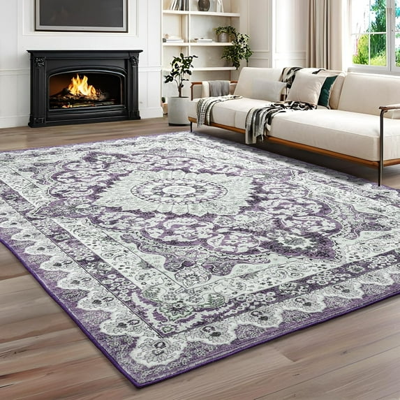 Noahas 4 ft x 6 ft Purple vintage geometric floral area rug, machine washable low pile non-slip