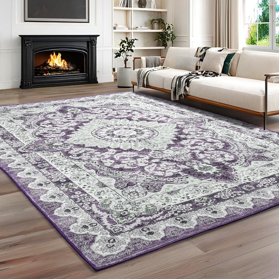 Noahas 5x7 Area Rugs for Living Room, Machine Washable Vintage Rug, Non-Slip Low Pile Throw Rugs with Rubber Backing Washable Carpet for Bedroom Dining Room Kitchen Home Decor, Purple