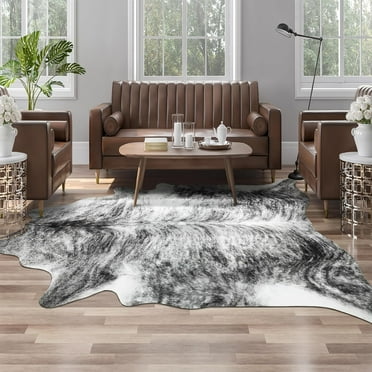 Noahas Cow Print Black and Gray 100% Polyester Faux Fur Cowhide Rug, 4.6 x 5.2 ft