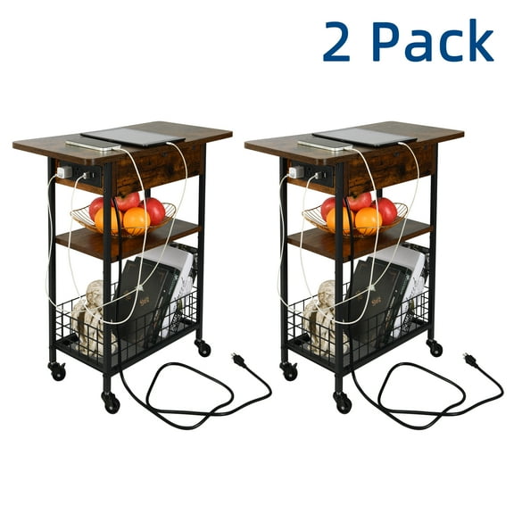 Noahas Flip Top Side Table for Living Room with USB Ports End Table, Rustic Brown "Set of 2"