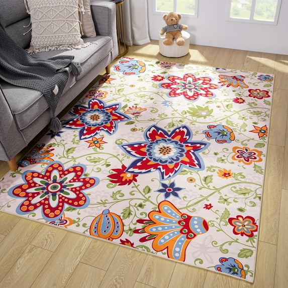 Noahas Floral Patterned Washable Living Room Area Rug - 4x6 Non-Slip Low Pile Rug for Office Bedroom Laundry Room Kid Room , Light Camel