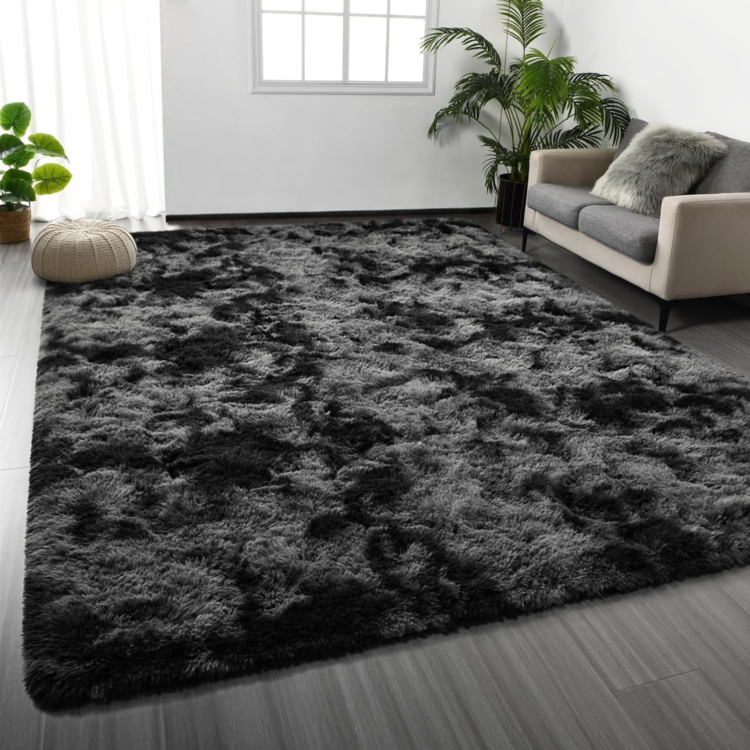 Noahas Fluffy Area Rug for Living Room Bedroom, 4 x 6 Tie-Dyed Dark Grey Rug Fuzzy Non-Slip Modern Carpet Ultra Soft Faux Fur Rugs for Dorm Kids Room Home Decor