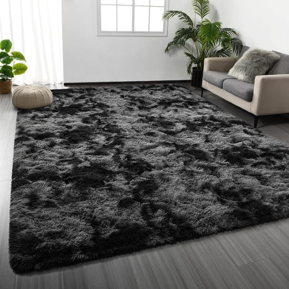 Noahas Fluffy Area Rug for Living Room Bedroom, 6 x 9 Tie-Dyed Dark Grey Rug Fuzzy Non-Slip Modern Carpet Ultra Soft Faux Fur Rugs for Dorm Kids Room Home Decor