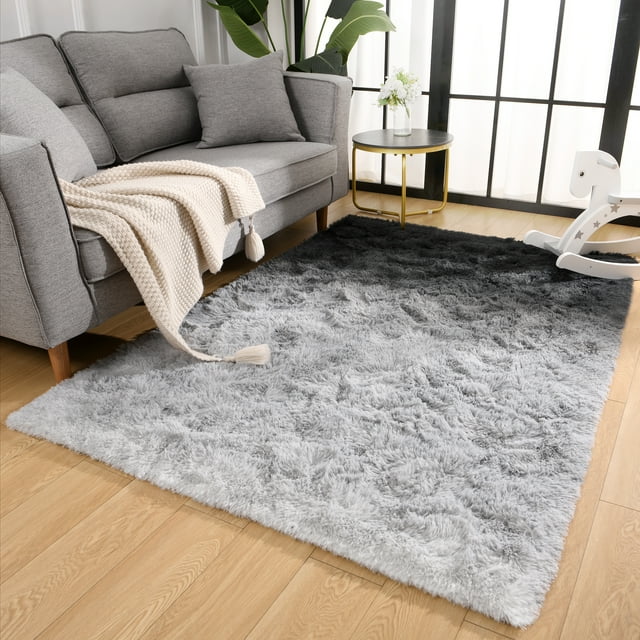 Noahas Plush Furry Area Rugs, Shaggy Rug, Black and Gray 4x6 ft Soft ...