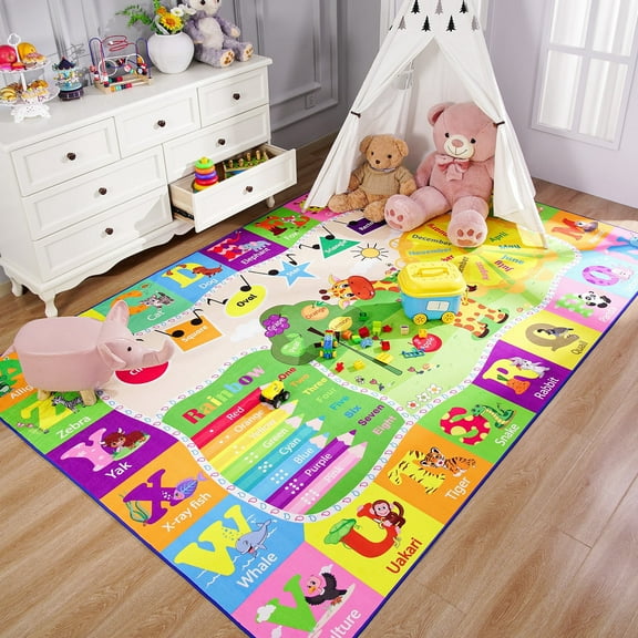Arogan Kids Play Rug Alphabet Educational Area Rug, Soft Animal Learning Area Rug for Kids Room Bedroom Playroom, Green and Yellow, 4x6 Feet