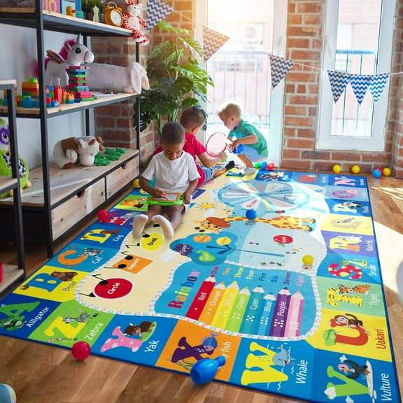 Noahas Playroom Rug Daycare Kids Rug 6x9,Educational and Fun Nursery Rug with ABC Alphabet Animals Classroom Rug Washable Kids Play Mat Baby Toddler Children Boys Rugs for Bedroom,Blue