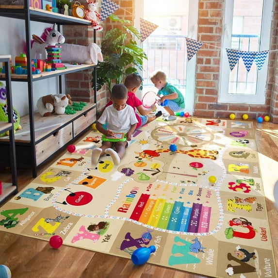 Noahas Playroom Rug Daycare Kids Rug 6x9,Educational and Fun Nursery Rug with ABC Alphabet Animals Classroom Rug Washable Kids Play Mat Baby Toddler Children Boys Rugs for Bedroom,Beige