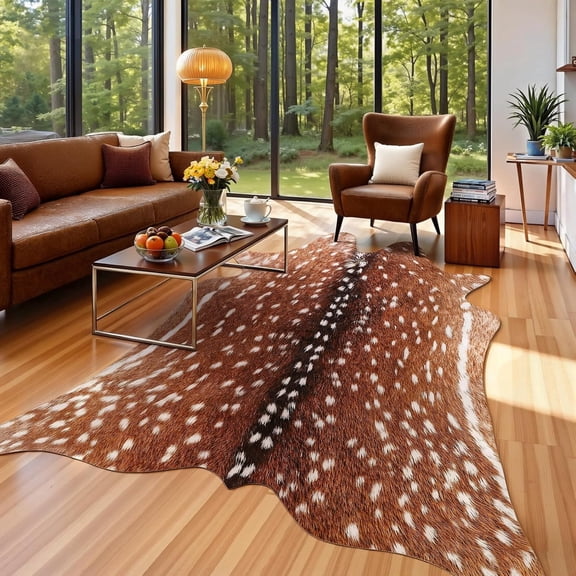 Noahas Premium Deer Print Rug 4.6x5.2 Feet, Machine Washable Faux Fur Rug, Non-Slip Animal Print Hide Deer Skin Area Rug for Bedroom Living Room Home Decor