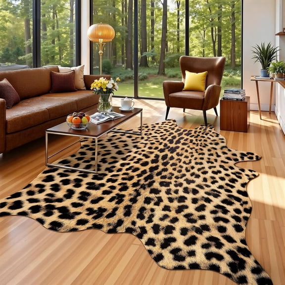 Noahas Premium Leopard Print Rug 4.6x5.2 Feet, Machine Washable Faux Fur Cheetah Rug, Non-Slip Animal Print Hide Leopard Skin Area Rug for Bedroom Living Room Home Decor
