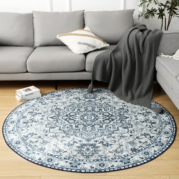 Noahas Round Traditional Persian Area Rug, Blue , 4' x 4'