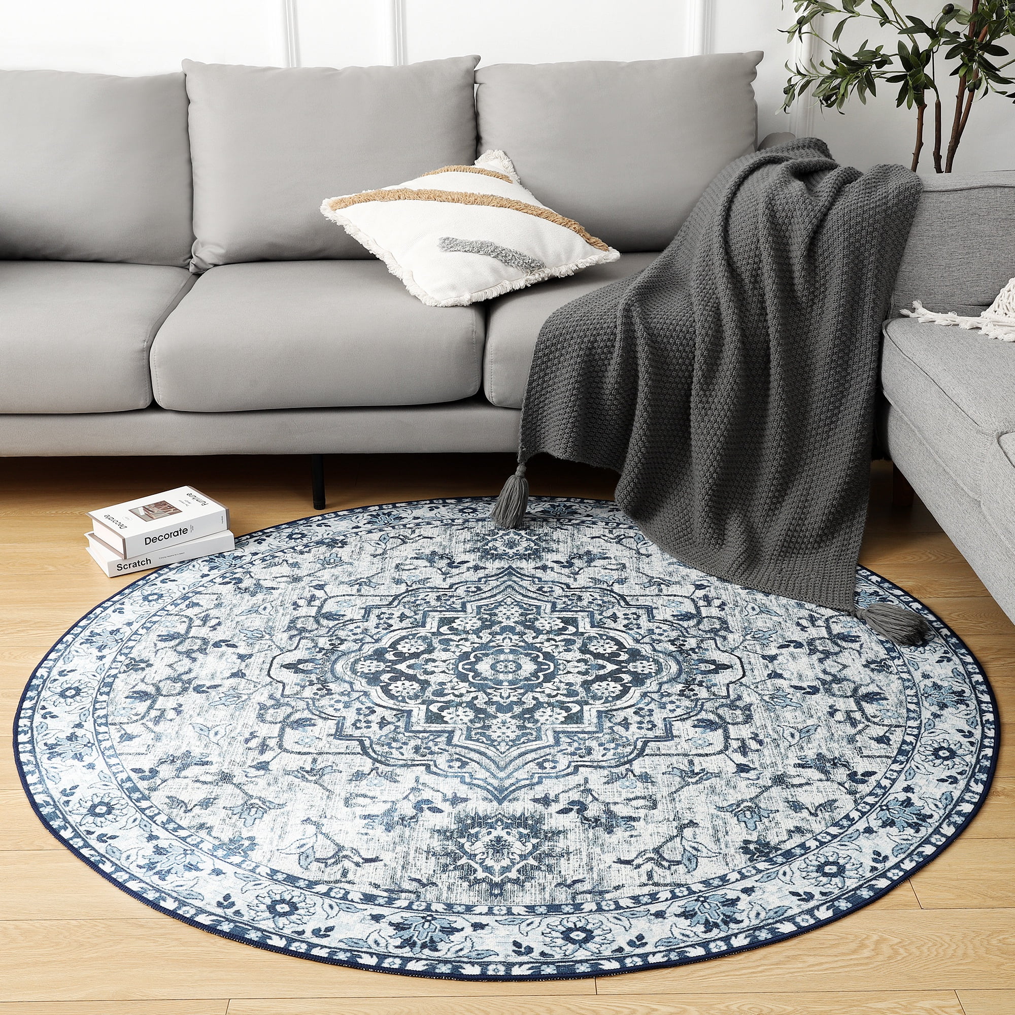 Round Blue Synthetic Stain-Resistant Area Rug
