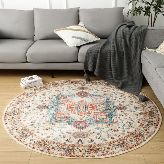 Noahas Round Traditional Persian Area Rug, Orange , 4' x 4'