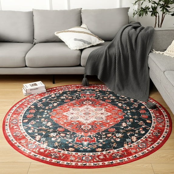 Noahas Round Traditional Persian Area Rug, Red , 4' x 4'