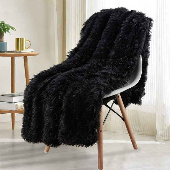 Noahas Shaggy Longfur Throw Blanket with Sherpa Warm Underside, Lightweight and Washable Kids Girls Room Decorative Blanket, 50''x60'',Black