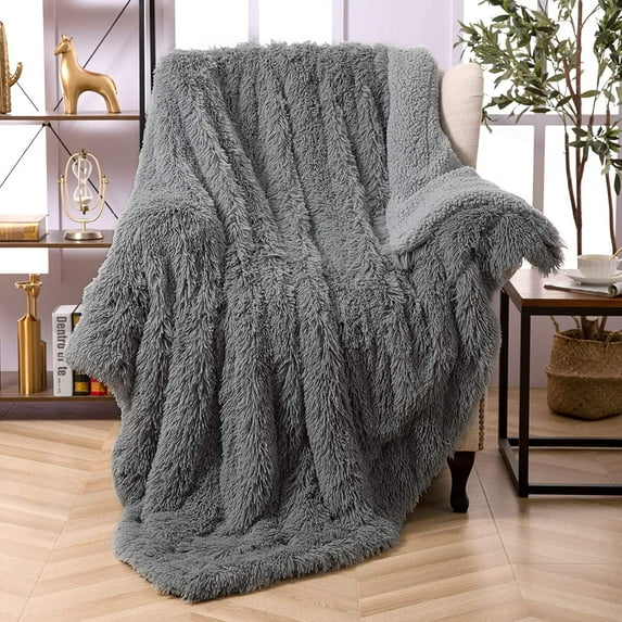Noahas Shaggy Longfur Throw Blanket with Sherpa Warm Underside, Lightweight and Washable Kids Girls Room Decorative Blanket, 50''x60'',Gray
