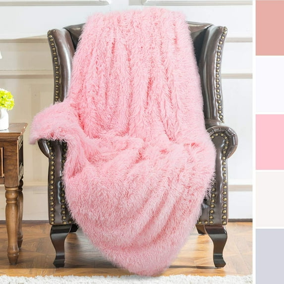 Noahas Shaggy Longfur Throw Blanket with Sherpa Warm Underside, Lightweight and Washable Kids Girls Room Decorative Blanket, 50''x60'', Pink