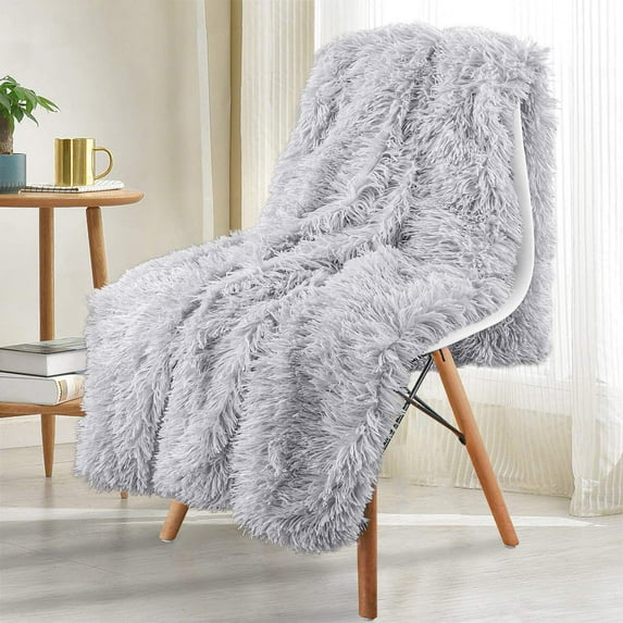 Noahas Shaggy Longfur Throw Blanket with Sherpa Warm Underside, Lightweight and Washable Kids Girls Room Decorative Blanket, 60''x80'', Grey