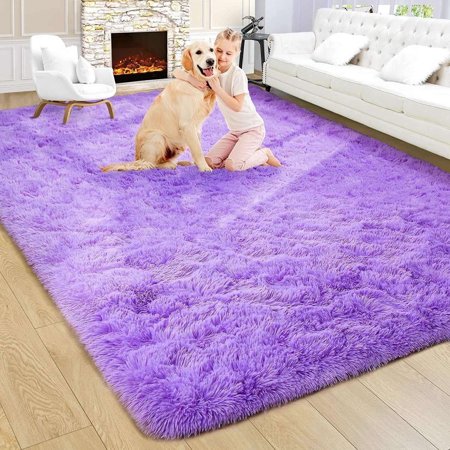 Purple 8' x 10' Tufted Synthetic Fur Area Rug with Memory Foam