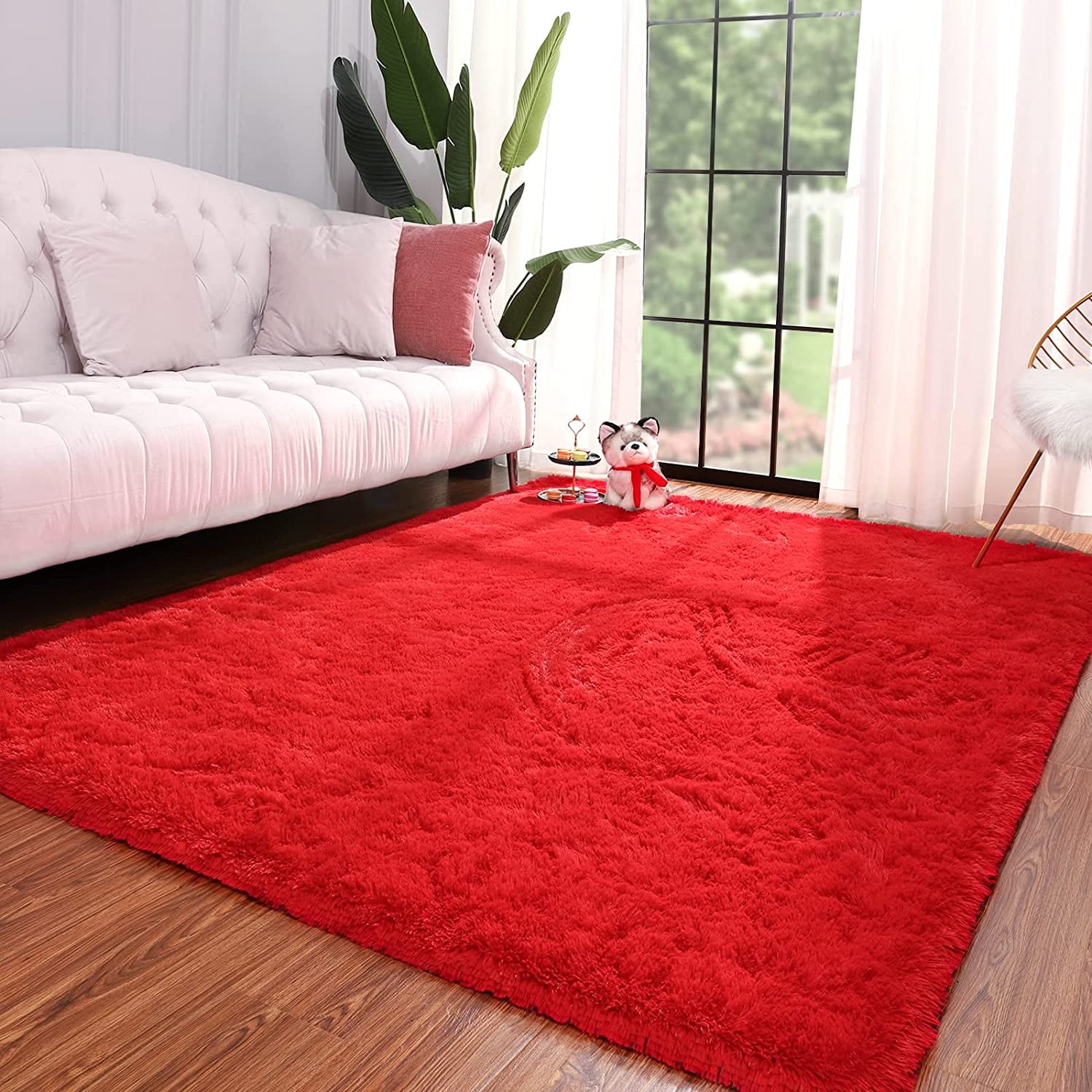 Red 8' x 10' Tufted Shag Fur Area Rug with Memory Foam