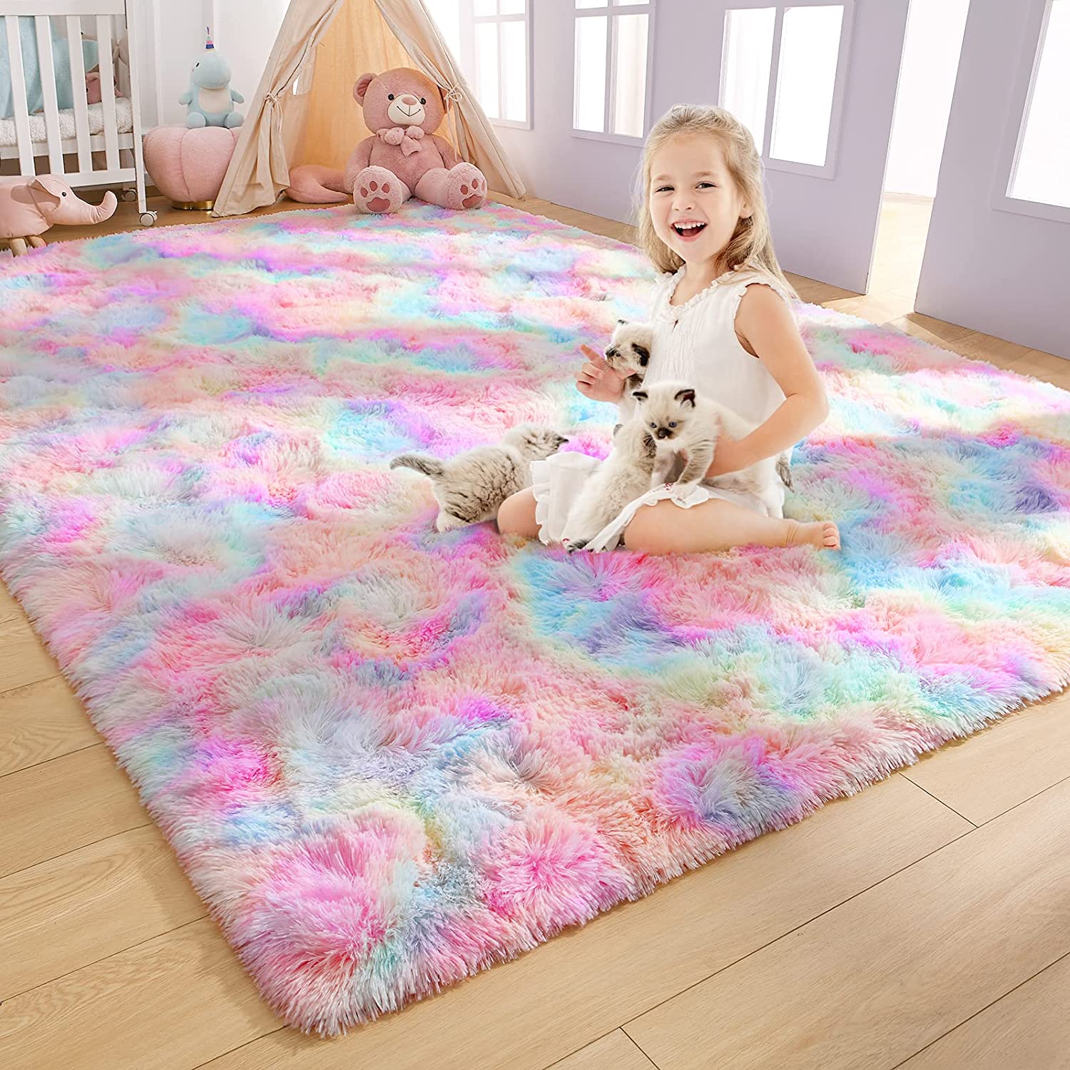 Noahas Super Soft Rainbow Rugs Area Rugs For Kids, Colorful Shaggy Carpet For Living Room Bedroom Nursery Room, 4'x6' - image 1 of 8