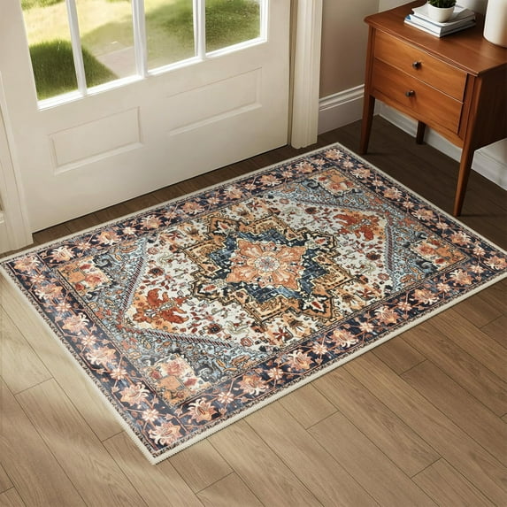 Noahas Vintage 2x3 Washable Rug for Entryway, Non Slip Small Indoor Front Door Rug, Soft Low Pile Rugs for Entrance Kitchen Bedroom Bathroom, Orange