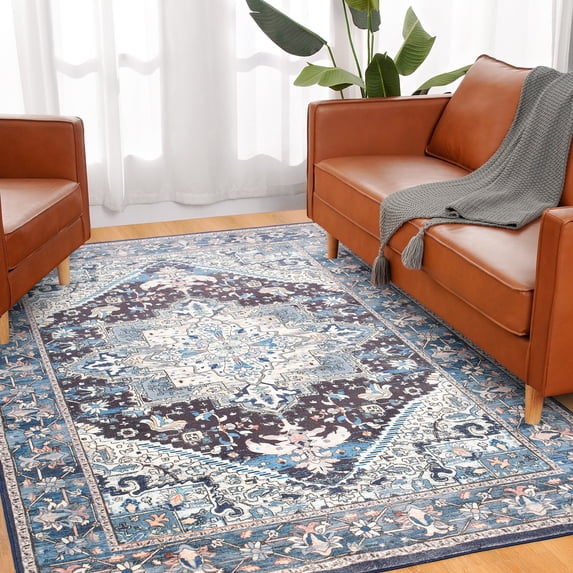 Noahas Washable Vintage Area Rug Bohemian Decorative Rug for Living Room, Bedroom, Kids Room, 5' x 8', Blue
