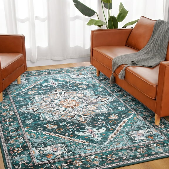 Noahas Washable Vintage Area Rug Bohemian Decorative Rug for Living Room, Bedroom, Kids Room, 5' x 8', Cyan