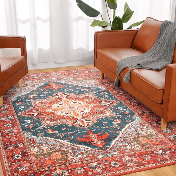 Noahas Washable Vintage Area Rug Bohemian Decorative Rug for Living Room, Bedroom, Kids Room, 6' x 9', Red