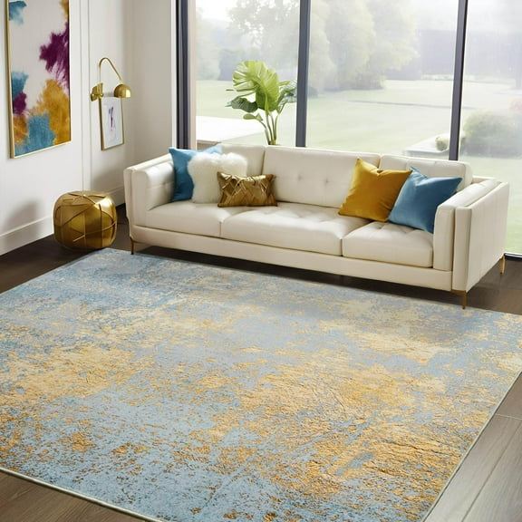 Noahas Washable Wool Abstract Area Rug for Living Room Bedroom ,Upgraded TRP Non-Slip Backing ,Low Pile Indoor Decorative Rug ,Gold and Blue ,8' x 10'