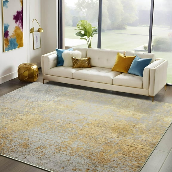 Noahas Washable Wool Abstract Area Rug for Living Room Bedroom ,Upgraded TRP Non-Slip Backing ,Low Pile Indoor Decorative Rug ,Beige and Yellow ,5' x 7'
