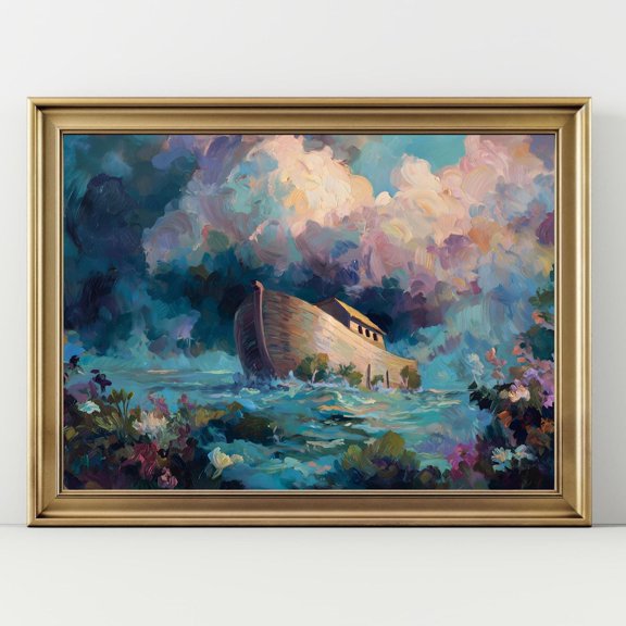 Noahs Ark Art Stormy Ocean Inspirational Biblical Wall Art Dramatic Sky Landscape, UNFRAMED Size 16x16