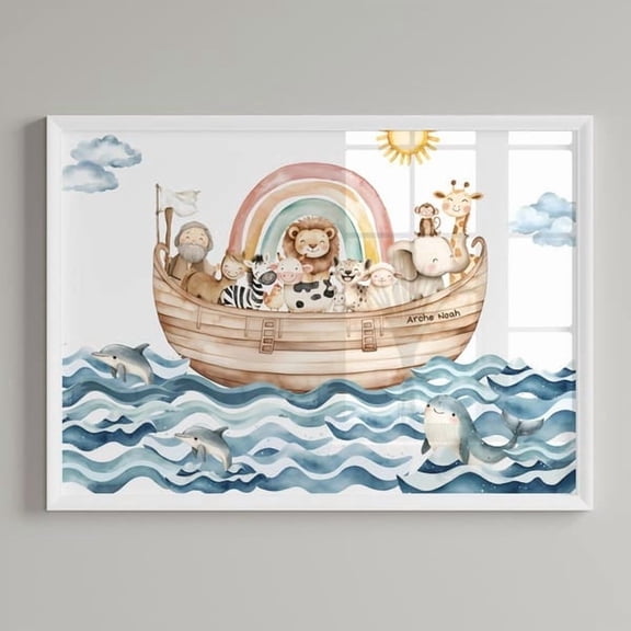 Noahs Ark Nursery Animals Rainbow Illustration Bible Story Wall Art Poster UNFRAMED POSTER