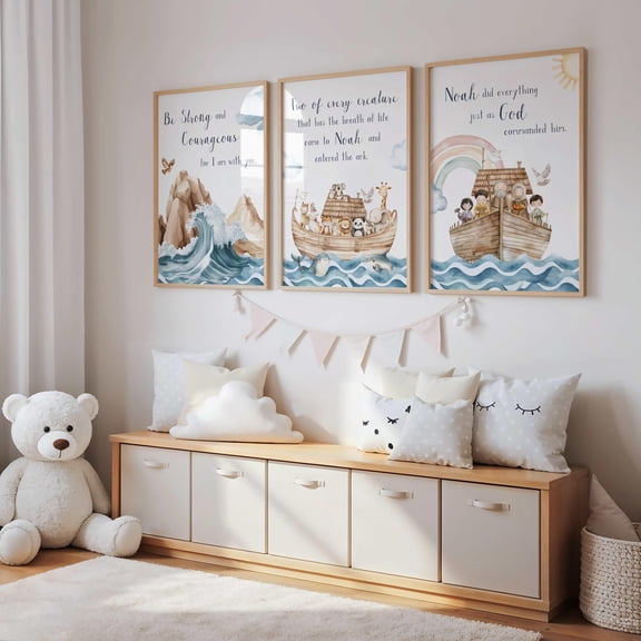 Noahs Ark Scripture Christian Religious Bible Sunday School Room Decorative Wall Art Poster, Set 3, Poster Only
