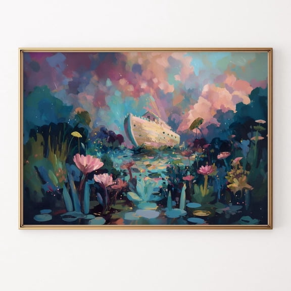 Noahs Ark Wall Art Colorful Biblical Faith Based Christian Decor, UNFRAMED Size 24x24