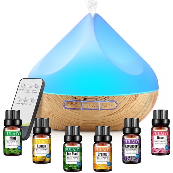 Noahstrong 500ml Essential Oil Diffuser with 6*10ml Essential Oils Set, Flower Aromatherapy Diffusers with Remote Control, Air Humidifier Vaporizer for Large Room Bedroom Office