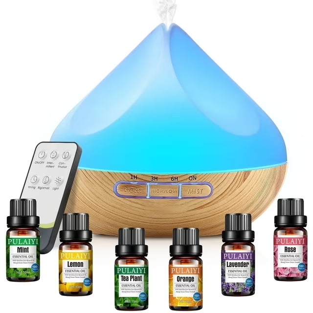 Noahstrong 500ml Essential Oil Diffuser with 6*10ml Essential Oils Set, Flower Aromatherapy Diffusers with Remote Control, Aroma Fragrant Oil Air Humidifier Vaporizer for Large Room Bedroom Office