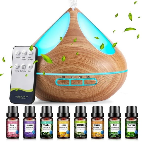 Noahstrong 500ml Essential Oil Diffuser with 8*10ml Essential Oils Set, Woodgrain Aromatherapy Oil Diffusers with Remote Control, Fragrance Air Humidifier Vaporizer for Large Room Bedroom Office