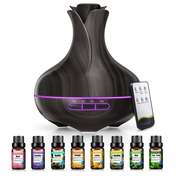 Noahstrong 600ml Essential Oil Diffuser with 8 Essential Oils Set, Vase Shape Aromatherapy Diffusers with Remote Control, Aroma Fragrant Oil Air Humidifier Vaporizer for Large Room Bedroom Office