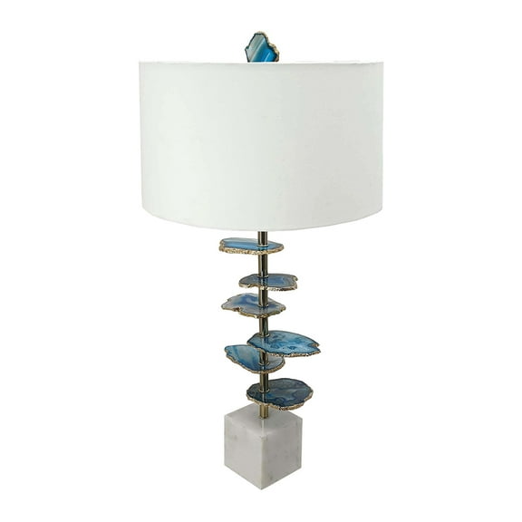 Noaman 15x29.5" Blue and White Agate Slice Table Lamp with Marble Base, Natural Agate Body, White Drum Shade, for Bedroom/Living Room/Office