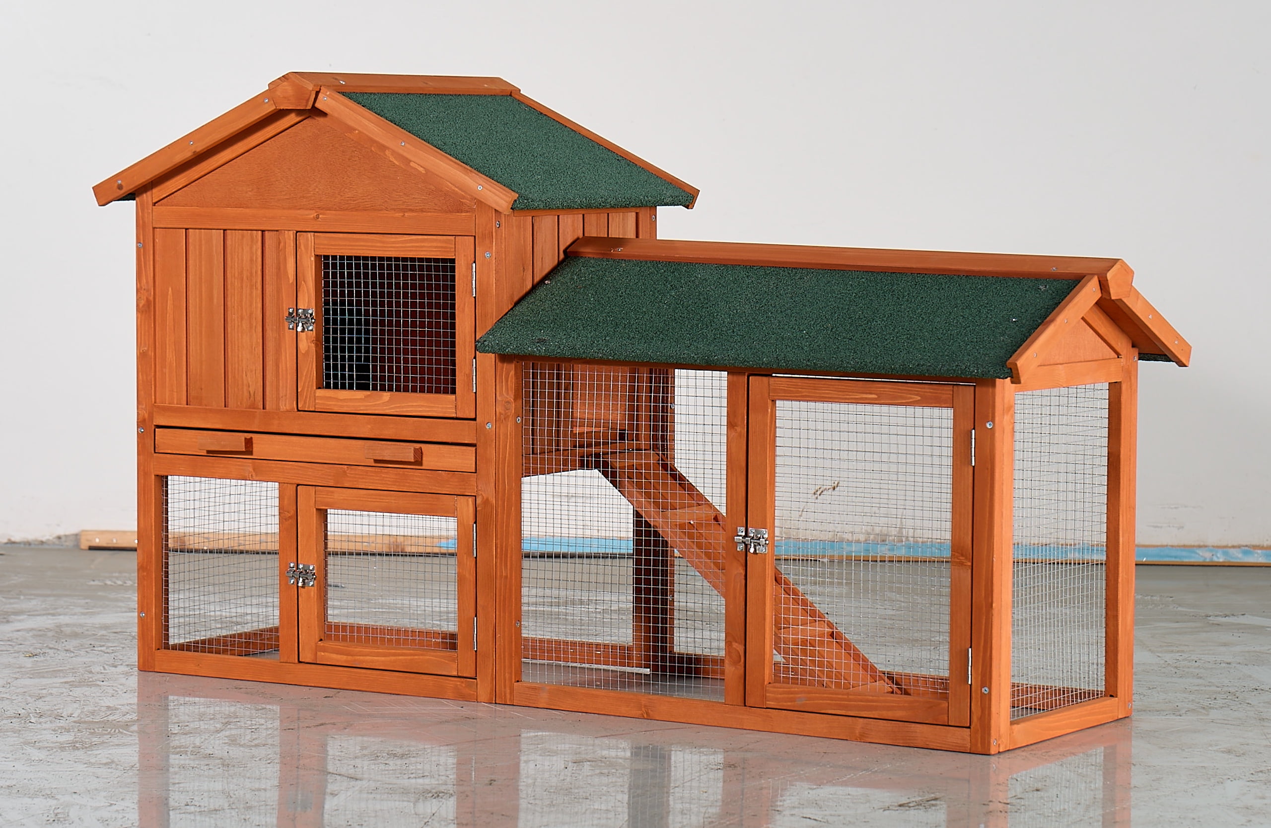 Noaman 2-Story Wooden Rabbit Hutch with Waterproof Roof, Pull-Out Tray & Ramp, 57.87x20.47x33.46in, Brown