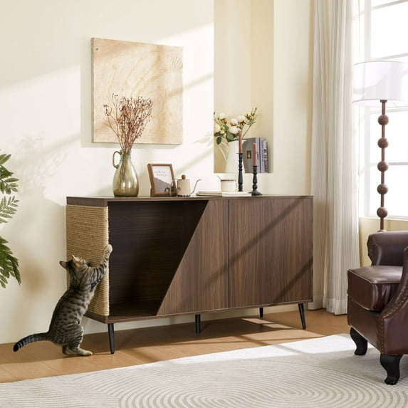 Noaman 2-in-1 Mid-Century Modern Walnut Cabinet Side Table with Spring-Loaded Door Storage, 53"L x 20.7"W x 31.5"H, Pet-Friendly Design & Sisal Scratchers