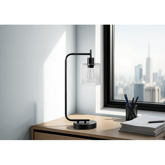 Noaman 20" Modern Table Lamp with USB Port, Black Metal & Clear Glass Shade, 19.75" Height, Touch Switch, 6ft Cord for Bedroom/Office/Living Room