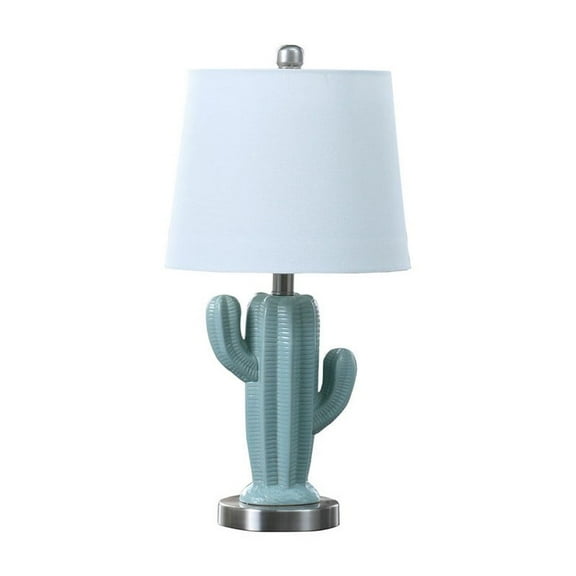 Noaman 22" Southwest Teal Ceramic Cactus Plant Modern Metal Table Lamp with Off White Drum Shade, Brushed Silver Base, 60W Max Bulb Compatible